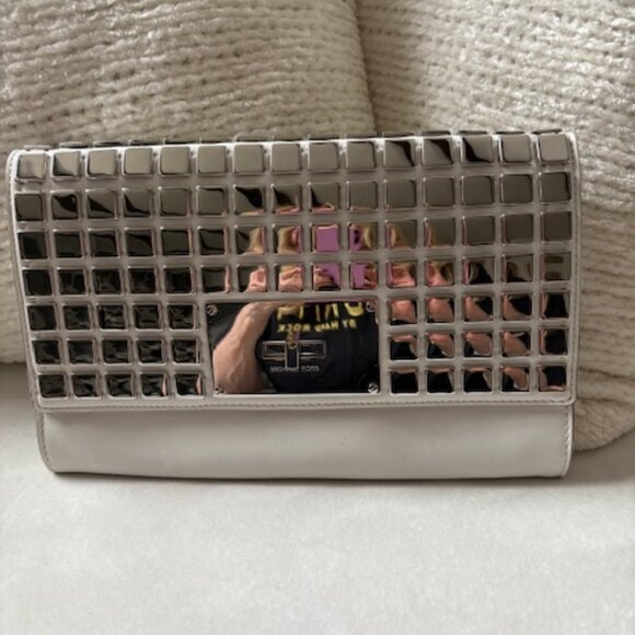 Michael Kors White/Silver Natalia Tile Mirror Stud Clutch - Picture 1 of 4